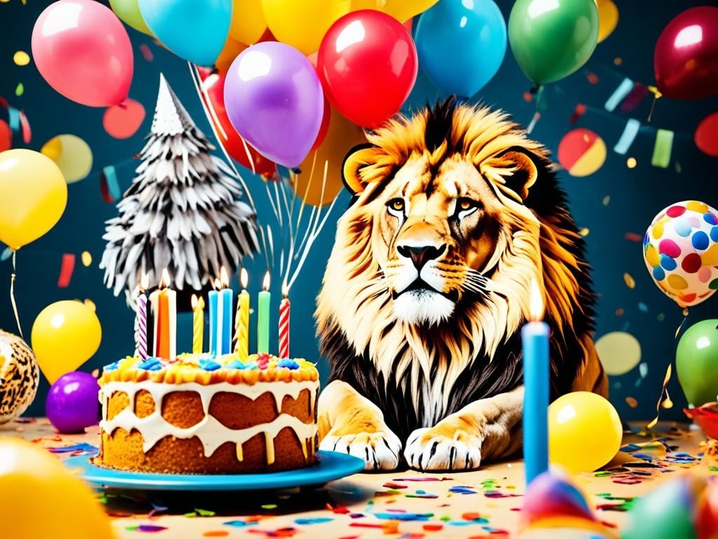 A majestic lion surrounded by balloons and confetti, with a cake topped with candles in front of him. The atmosphere is joyous and festive, with vibrant colors and plenty of decorations.