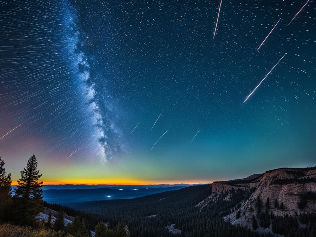 A serene evening sky with a dazzling meteor shower, streaks of vibrant light illuminating the darkness. Show viewers lying on their backs, gazing up in awe at the awe-inspiring celestial spectacle. Highlight the radiant Perseids meteor shower in 2024, conveying a sense of wonder and excitement while portraying the natural beauty of the event.