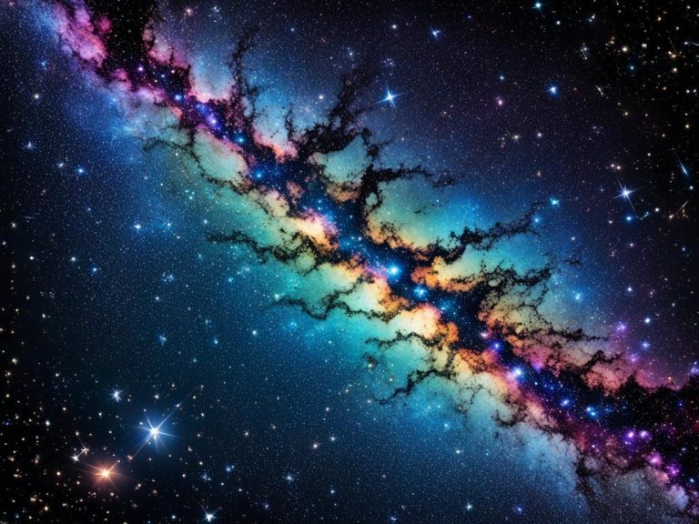 Fantasy image showing a single arm of a spiral galaxy as viewed looking away from the center. The night sky is dark and the galaxy is colored pink, green, and yellow.