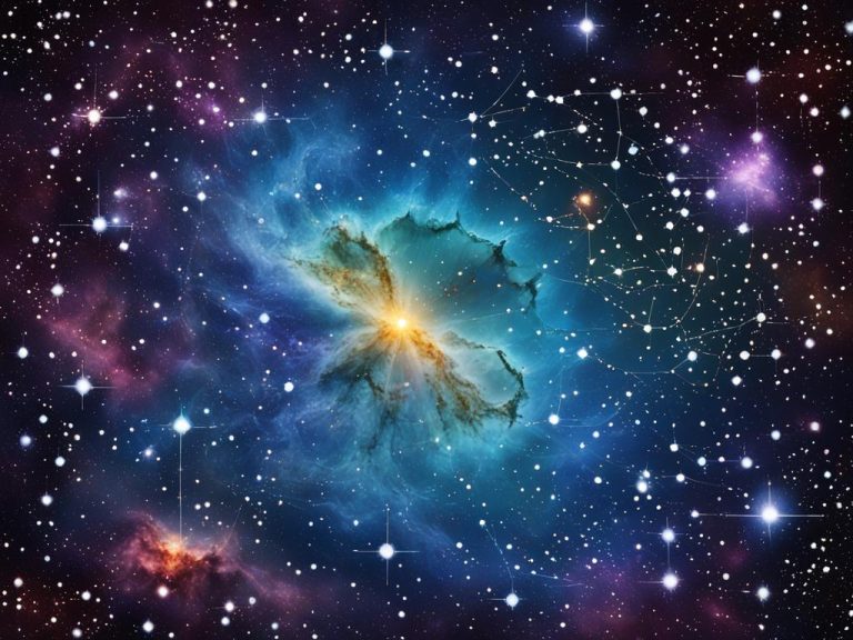 Artistic rendering to a busy night sky. The sky is dark blue and purple. In the center is a bright nebula with an intense golden glow at the center. The stars are radiating beams of light.