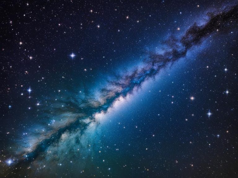 A bright blue night sky is covered in stars. There is a diagonal band of light representing the Milky Way galaxy. The MIlky Way includes a dark section and glowing pink and plue.