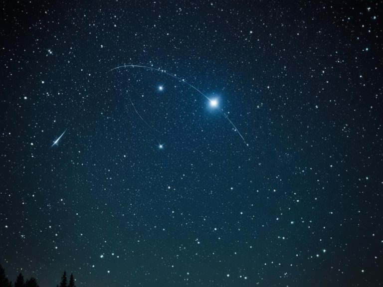 A bright blue night sky filled with stars. One very bright star is bisected by an thin arc of light created by a meteor. Fainter streaks of light also appear in the sky.