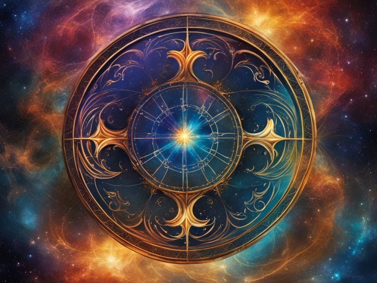 colorful symetrical design in a circular shape. The lines of the shape are gold, and the colorful background looks like star nebulae in the night sky