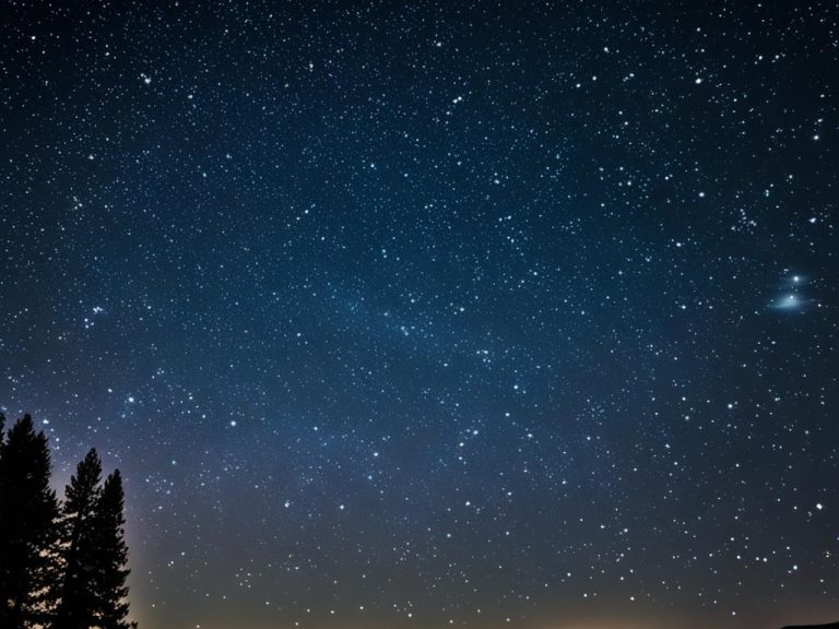 A peaceful night sky. The sky is dark blue with many stars. There is a stand of pine trees on the left. On the right side of the image are a pair of bright nebulae.