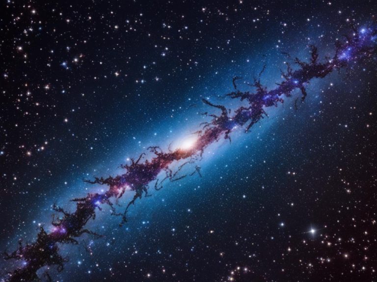 Artist's depiction showing the single arm of a spiral galaxy as viewed looking away from the center. The night sky is dark and the galaxy's arm has a dark jagged area through the middle. It is colored pink, blue, and white.