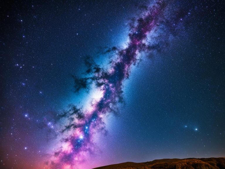 AI rendition of the Milky Way Galaxy shows a rich display of stars glowing in pink, white, and blue on a blue night sky.