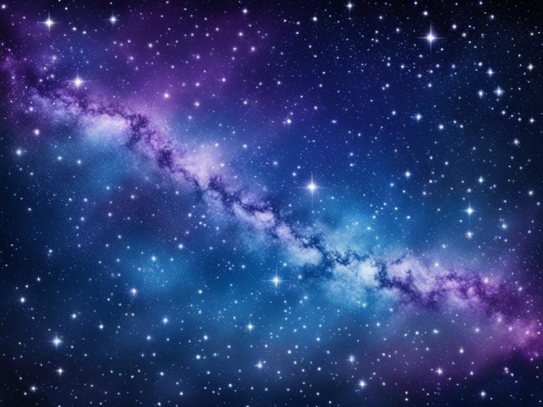 Image depicts a bright band of stars like our Milky Way against a dark blue night sky. The stars are highlighted in blue, white, and purple. several large stars show rays of starlight eminating from them.