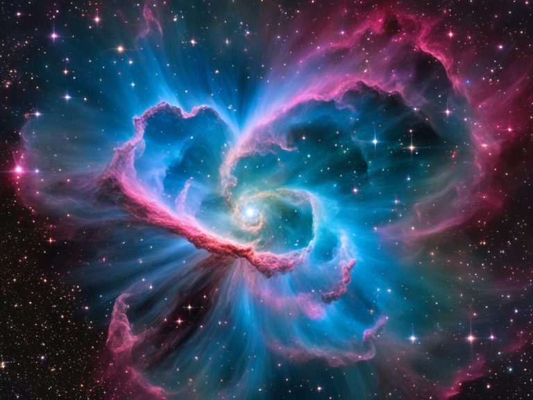 A swirl of cosmic dust and colors creates a flower-like image. The artist depiction of gassy nebulae swirling like a giant galaxy is colored blue and pink with a fiery yellow center. The image is not like the images of flat galaxies we are used to seeing. There are many stars in the dark sky behind this.