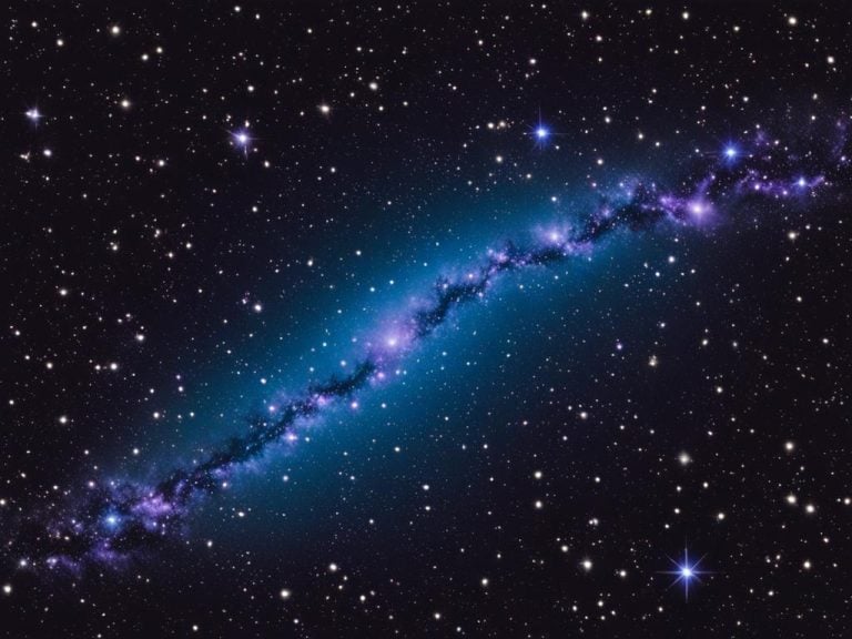An image of the Eridanus Constellation as seen in the night sky, with the stars forming a graceful winding river. The constellation is depicted in shades of blue and white, set against a deep dark backdrop of space with a hint of purple hues. The brighter stars in the constellation appear as larger dots, while the smaller stars are depicted as smaller dots and give depth and perspective. The image captures the feeling of awe and wonder one might experience when gazing up at the night sky and admiring the beauty of the universe.