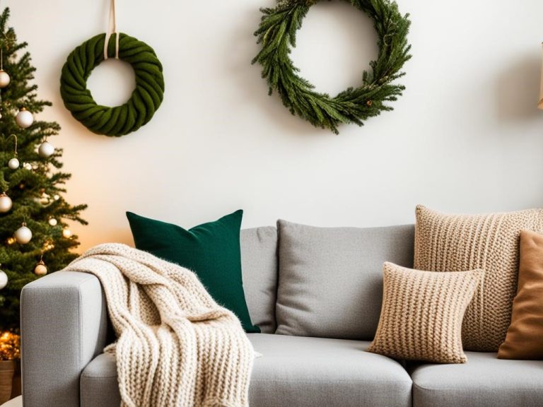 an image of a cozy living room with sustainable Christmas decorations. The room should feature minimalistic wooden furniture, natural elements such as greenery and wooden ornaments, and soft warm lighting. Shows a handmade wreath made from recycled materials hanging on the wall, and a hand-knitted throw blanket draped over the couch. Uses earthy tones and muted colors to convey a sense of calm and simplicity.