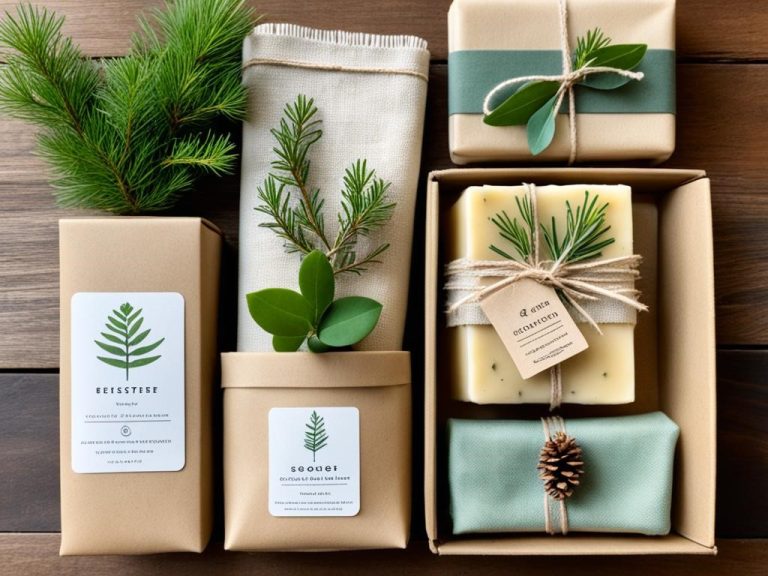 A diverse selection of eco-friendly gifts for her arranged on a wooden table. The table is covered in a beige linen cloth and decorated with small green plants and pine cones. The gifts include reusable beeswax wraps, stainless steel straws, a bamboo utensil set, a reusable coffee cup made from recycled materials, a handmade soap bar packaged in recyclable paper, and a set of cotton produce bags with colorful patterns. The lighting is natural and soft, coming from a nearby window.