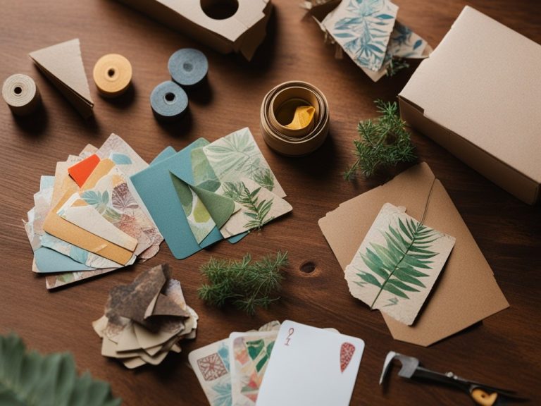 A pile of recycled paper scraps and a pair of scissors sitting on a wooden table. In the background, there are a few blank cardboard cards propped up against the wall. The scraps are decorated with stamps and colorful patterns made from natural plant dyes. There's a feeling of creativity and care for the environment in the air.