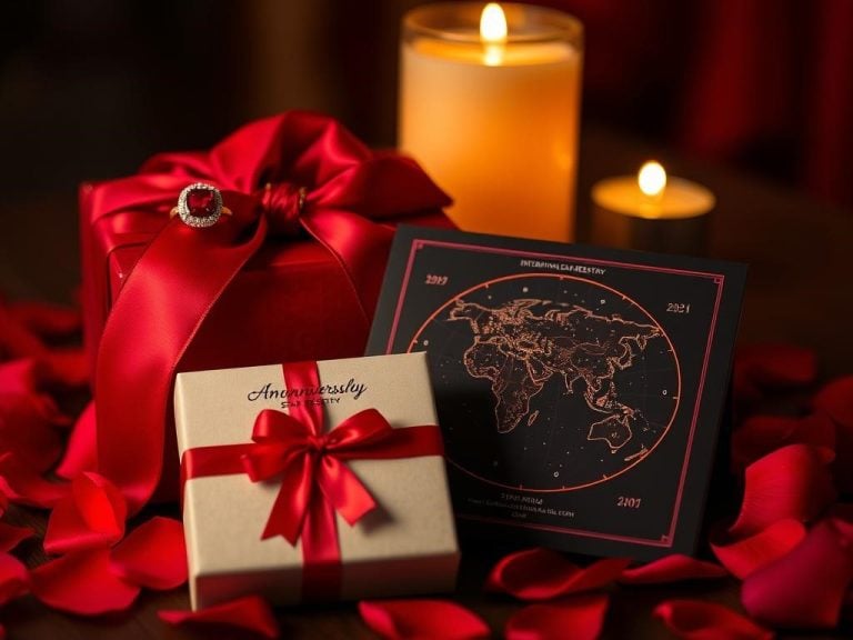 "Elegant display of ruby-themed anniversary gifts including a ruby gemstone ring, luxurious red silk scarf, and a personalized star map by International Star Registry, softly illuminated in a romantic setting with candlelight and rose petals."