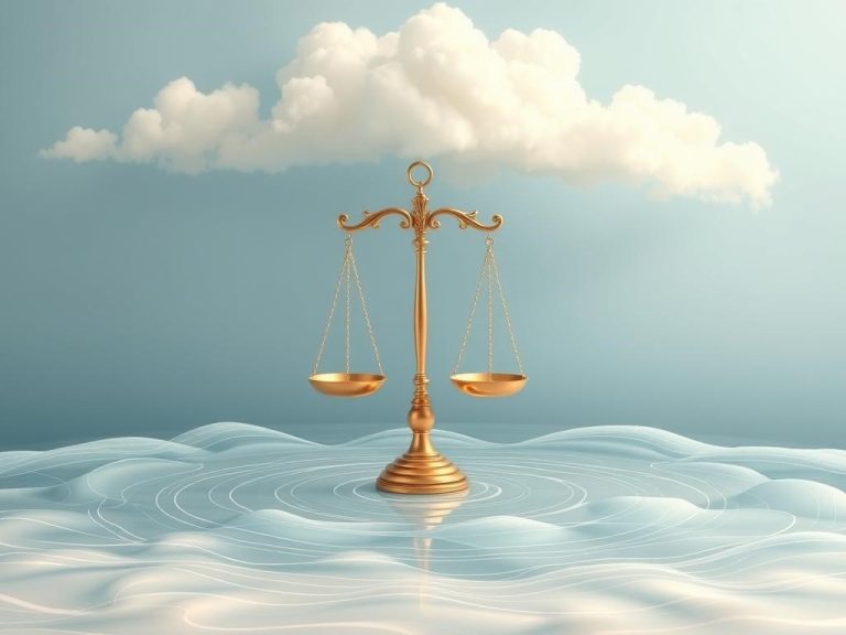 A serene scene depicting the union of Libra and Cancer, illustrated through a harmonious blend of air and water elements. Feature a balanced scale surrounded by delicate waves, with soft clouds above. Include gentle colors like pastel blues and pinks, and subtle symbols of love and empathy, such as intertwined vines or soft light illuminating the space, capturing the essence of cooperation, balance, and emotional connection.