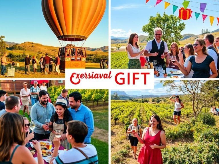 A vibrant celebration scene featuring diverse groups of people enjoying various experiential gifts, such as a hot air balloon ride, a cooking class, wine tasting in a vineyard, and a scenic nature hike, all set in a picturesque outdoor environment with colorful decorations and festive atmosphere, capturing the joy of shared experiences.