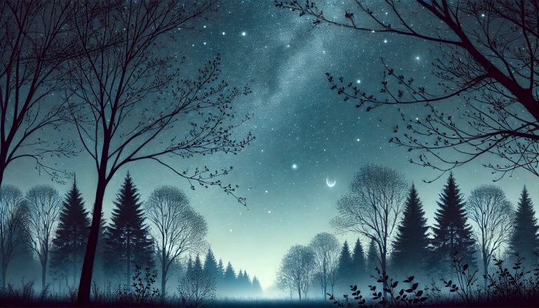 Spring trees are blooming with a starry April night sky in the background.