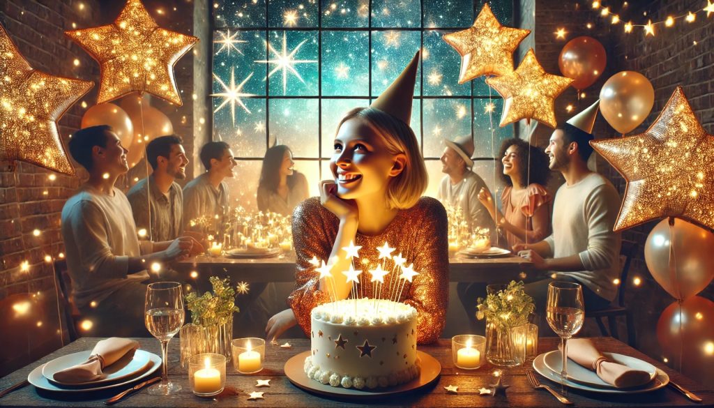 A happy woman is celebrating her Aries birthday. She is surrounded by stars and star balloons. She has a birthday cake with candles