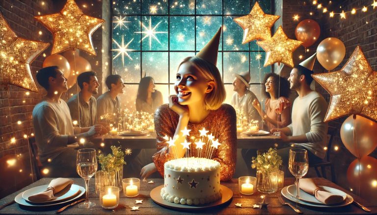 A happy woman is celebrating her Aries birthday. She is surrounded by stars and star balloons. She has a birthday cake with candles