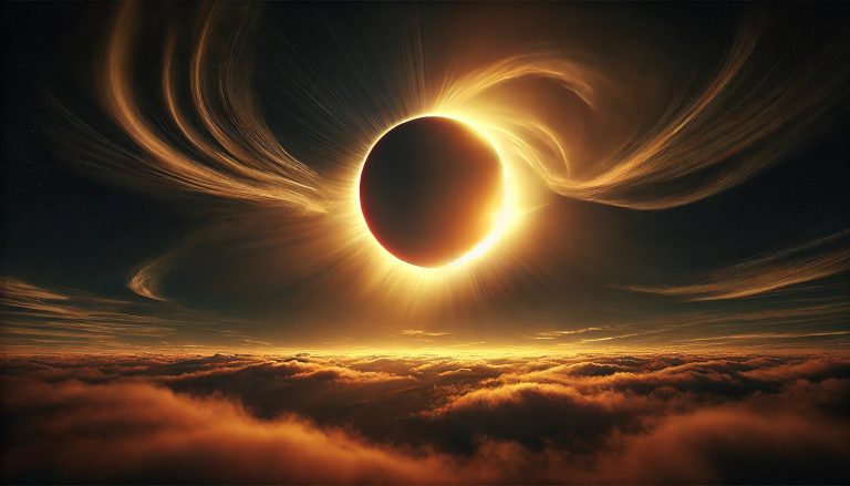 Dramatic illustration of a partial solar eclipse. The moon is blocking most of the sun. The sun's corona appears as a fiery swirl around the sun. Clouds are reflected below, as though it is being observed from above the Earth;s atmosphere.