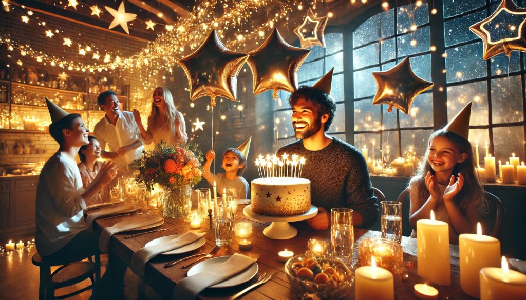 A Smiling Man celebrates his birthday surrounded by star balloons and family. A cake with candles is on the table