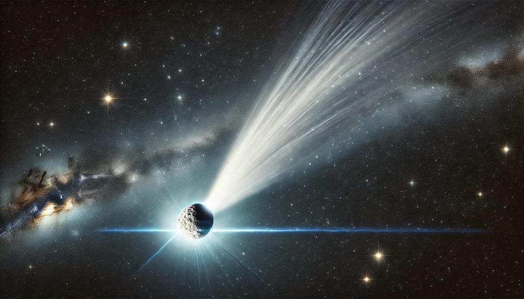 A large comet streaks through the sky followed by a bright tail. This is a representation of Halley's Comet and behind it are bright stars and the Milky Way
