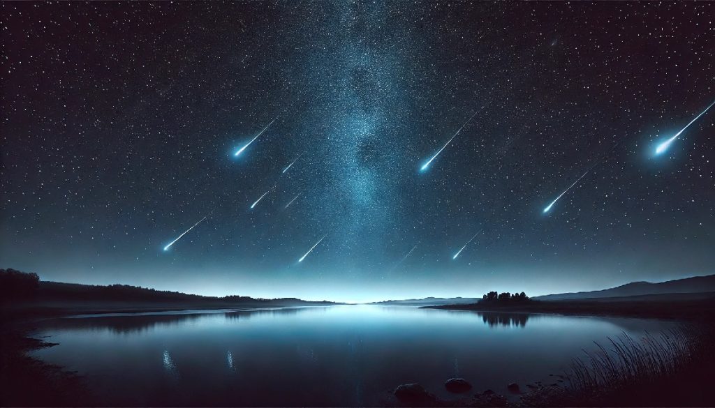 Meteors streak across a moonless sky. Below is a body of water reflecting their light
