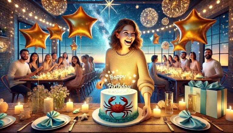 A woman celebrating her Cancer birthday. There are star balloons and a crab decoration, the zodiac sign for Cancer, is on her birthday cake