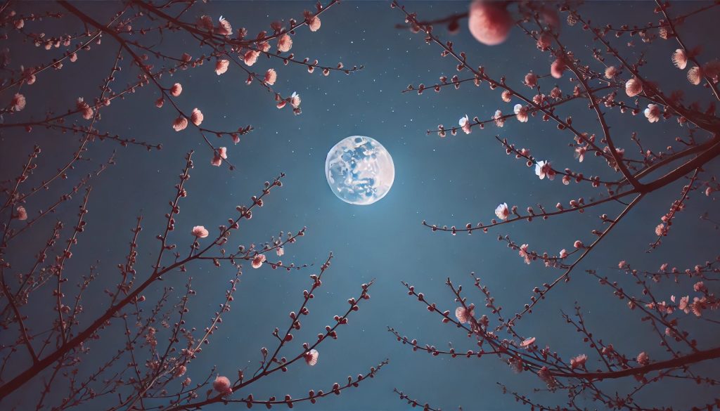 The Full Pink Moon in Spring. In the foreground there are pink spring blossoms