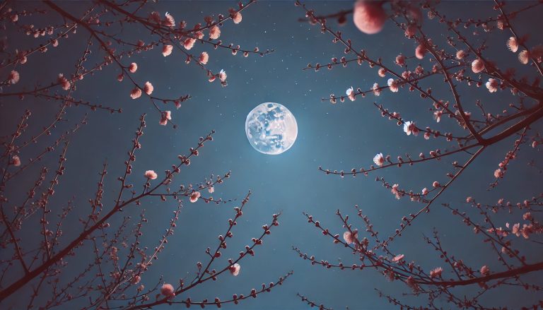 The Full Pink Moon in Spring. In the foreground there are pink spring blossoms