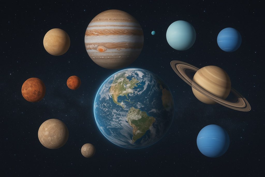 An array of planetary images representing the planetary effects on this month's horoscope