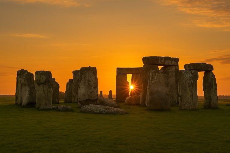 The summer solstice sun is shining through an ancient structure. The massive structure of rocks looks like Stone Henge. The sky is orange and there is green grass. Some of the old stones are on their side while others are stacked.