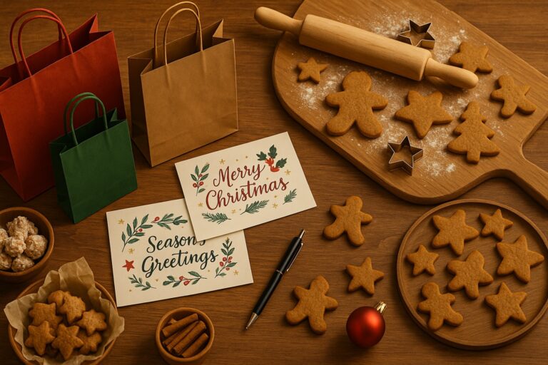 holdiday cookies, Christmas cards, gift bags and a Christmas ornament are shown in preparation for the holiday season