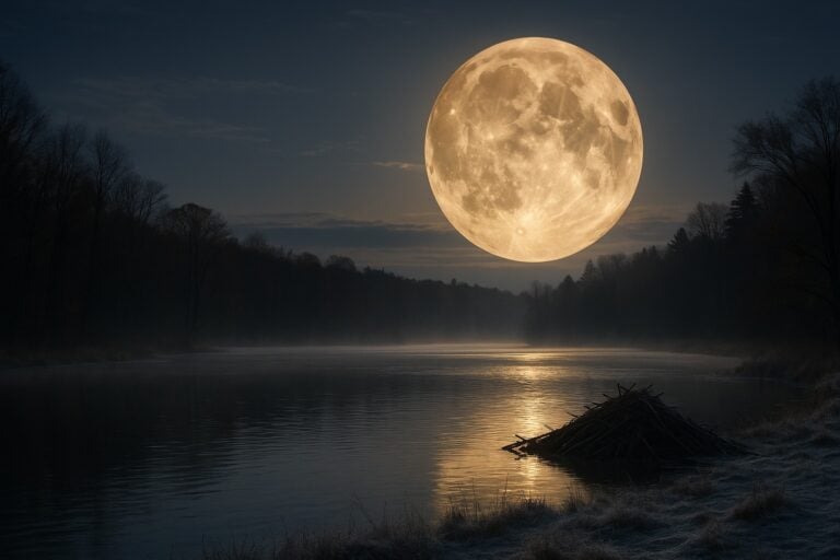 A supermoon rises over a tranquil lake. The November full moon is also known as a Beaver Moon, Full Frost Moon, or Dark Moon