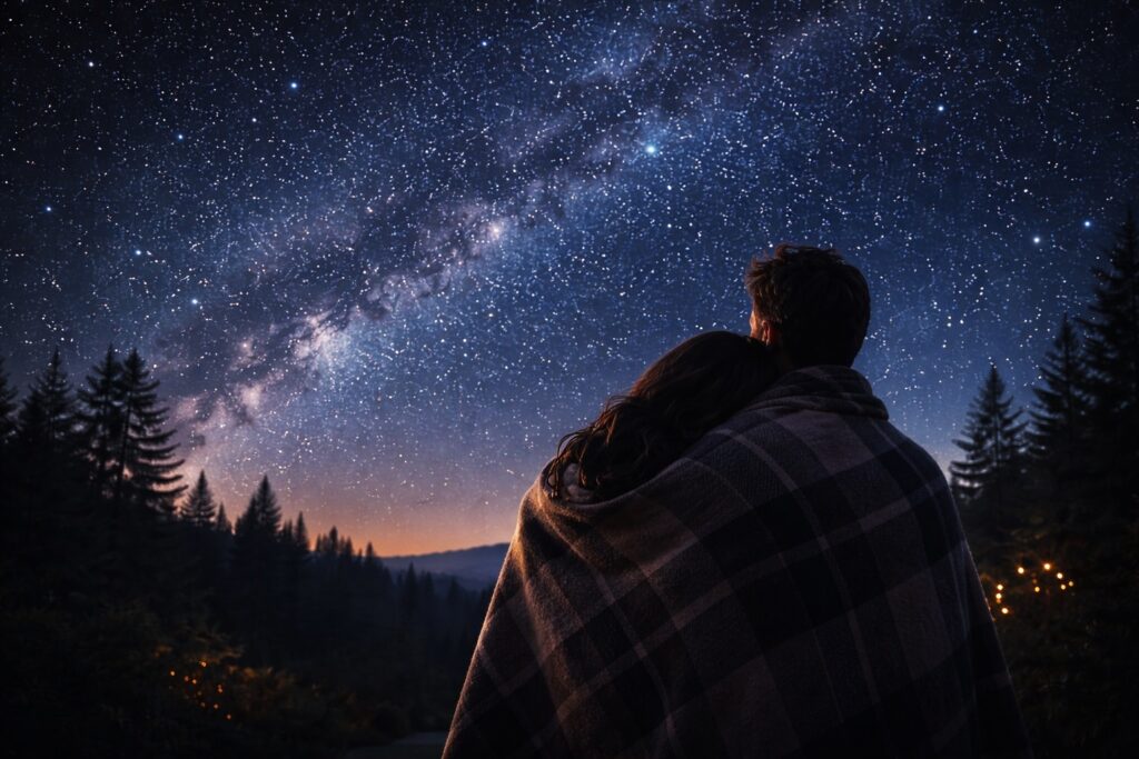 A loving couple sits under the starlight looking out over the milky way. They are bundled for for warmth and there are bright stars overhead.