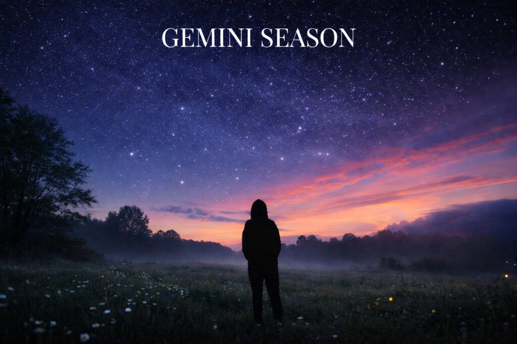 For Gemini birthday season, a lone figure looks toward the future under a colorful starry sky