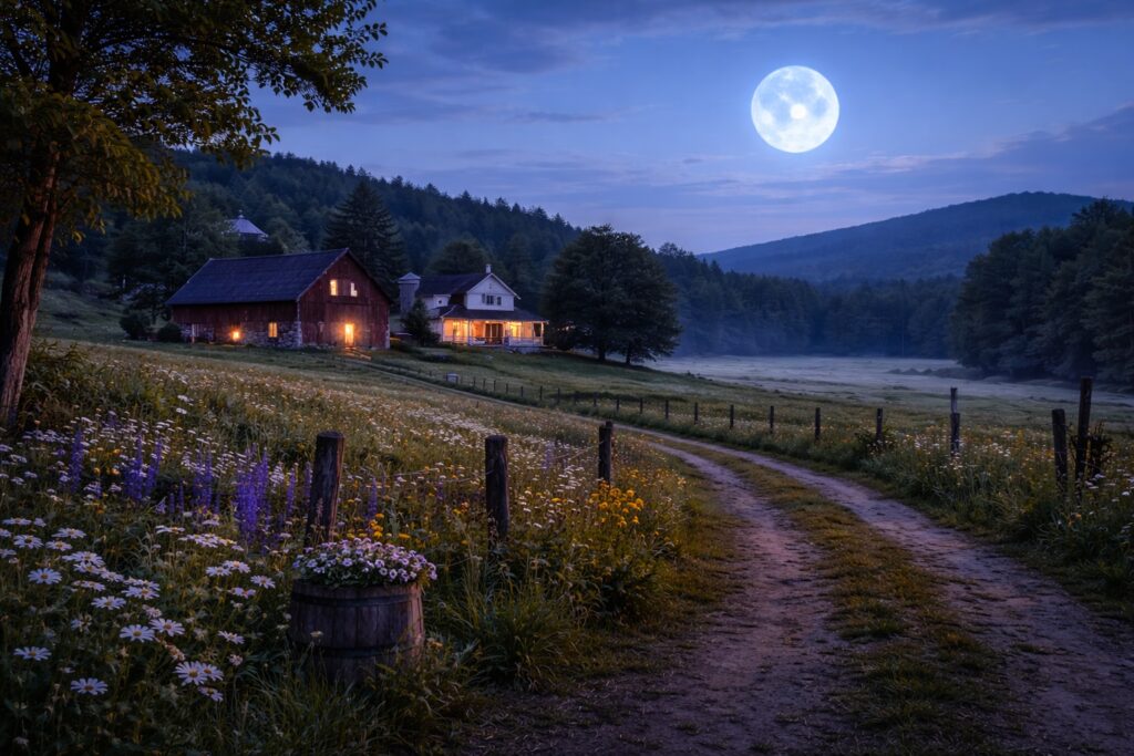 A blue moon full moon rises over a relaxing spring meadow and warm home