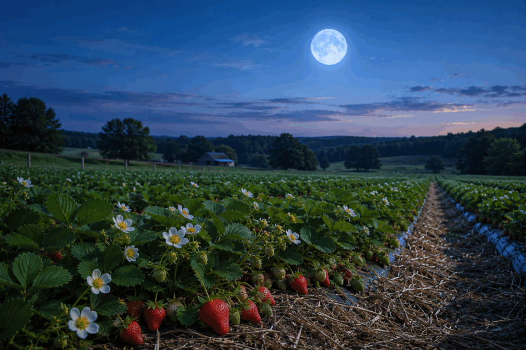 The June full moon shines in the summer sky over a field of strawberries