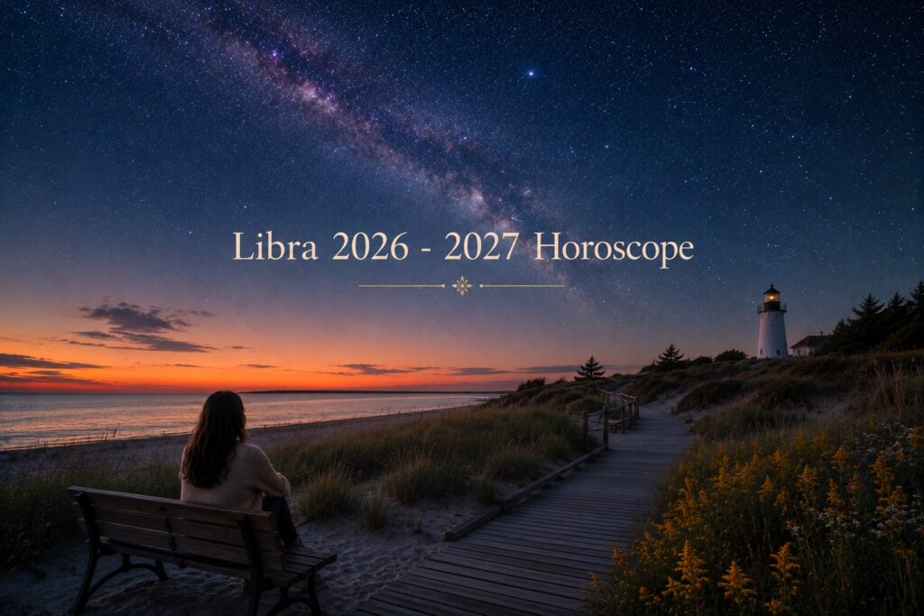 A woman looks out over a starry sky and contemplates what her monthly Libra horoscope will be for 2026 - 2027