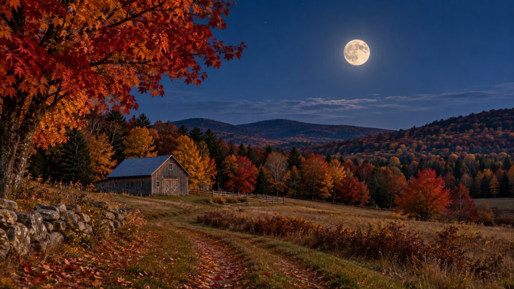 A colorful autumn scene shows a farm building and fall trees. In the sky above is an October full moon