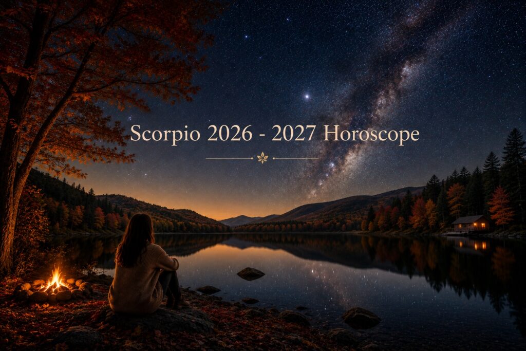 An Autumn night sky with an orange glow on the horizon, the milky way, and a calm body of water. A person is looking outward at the stars, and the words Scorpio 2027 - 2027 Horoscope are written on the image