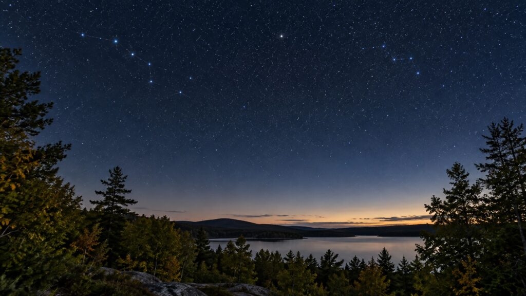A beautiful sky over a body of water marks the September Autumnal Equinox. the start of dark sky season which extends until spring 2027