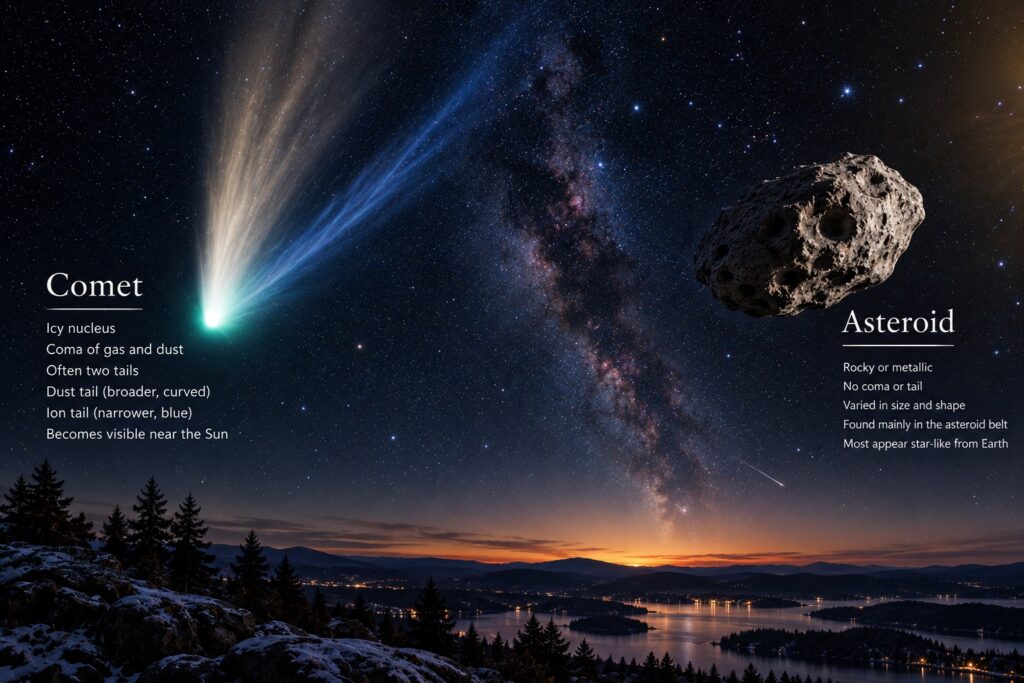 A comet and an asteroid are shown side by side along with descriptive text showing the charactaristics of a comet and the charactaristics of an asteroid