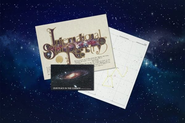 International Star Registry Custom Star Kit shows Certificate and Star Chart