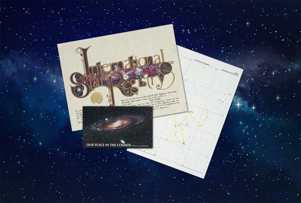 International Star Registry Custom Star Kit shows Certificate and Star Chart
