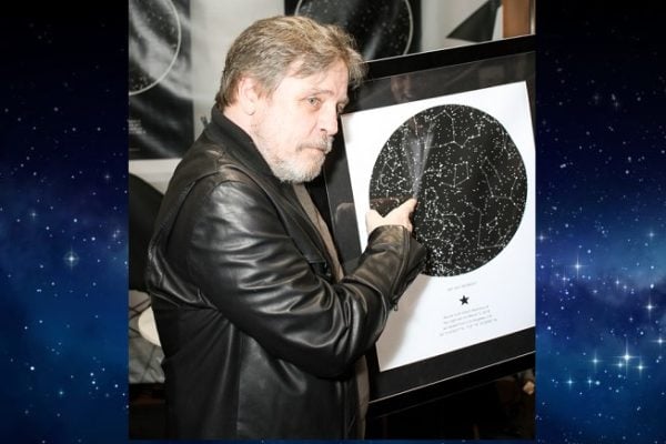 Mark Hamill holding a sky map from International Star Registry