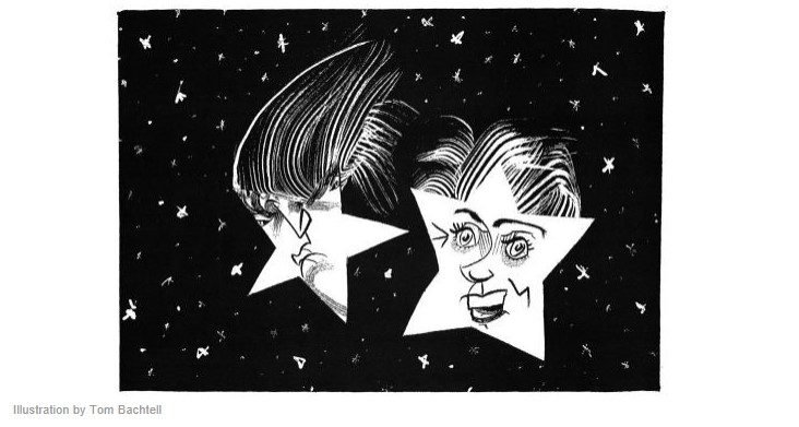 Illustration of two stars glaring at each other with the faces of Hillary Clinton and Donald Trump on them.