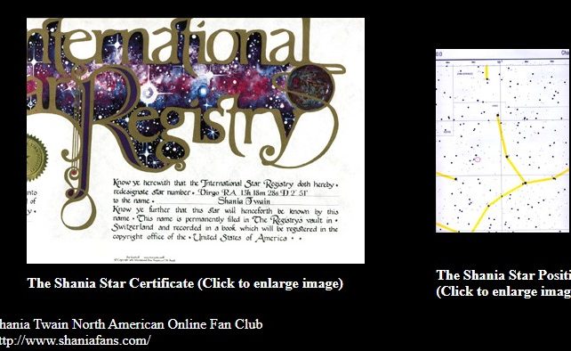 Shania Twain Fan Club Page Image of the Shania Twain star certificate