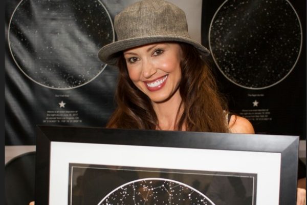 Shannon Elizabeth holding a sky map from International Star Registry