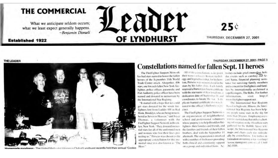 Newspaper article from December 27, 2011 honoring the fallen hero's on 9/11