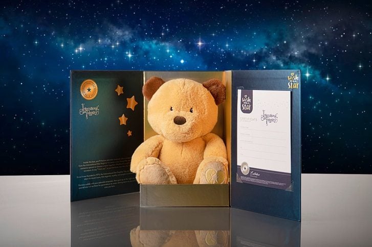 Wish Upon a Star Teddy Bear in the gift box it is presented with.